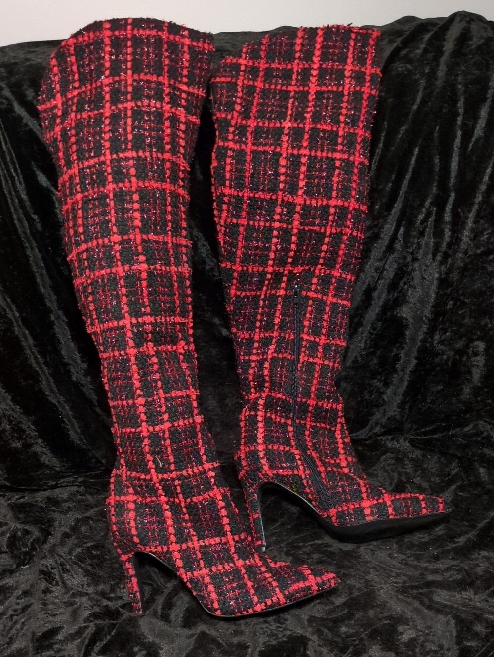 Rumbidzo Red & Black Plaid Over-the-Knee Stiletto Boots - Women